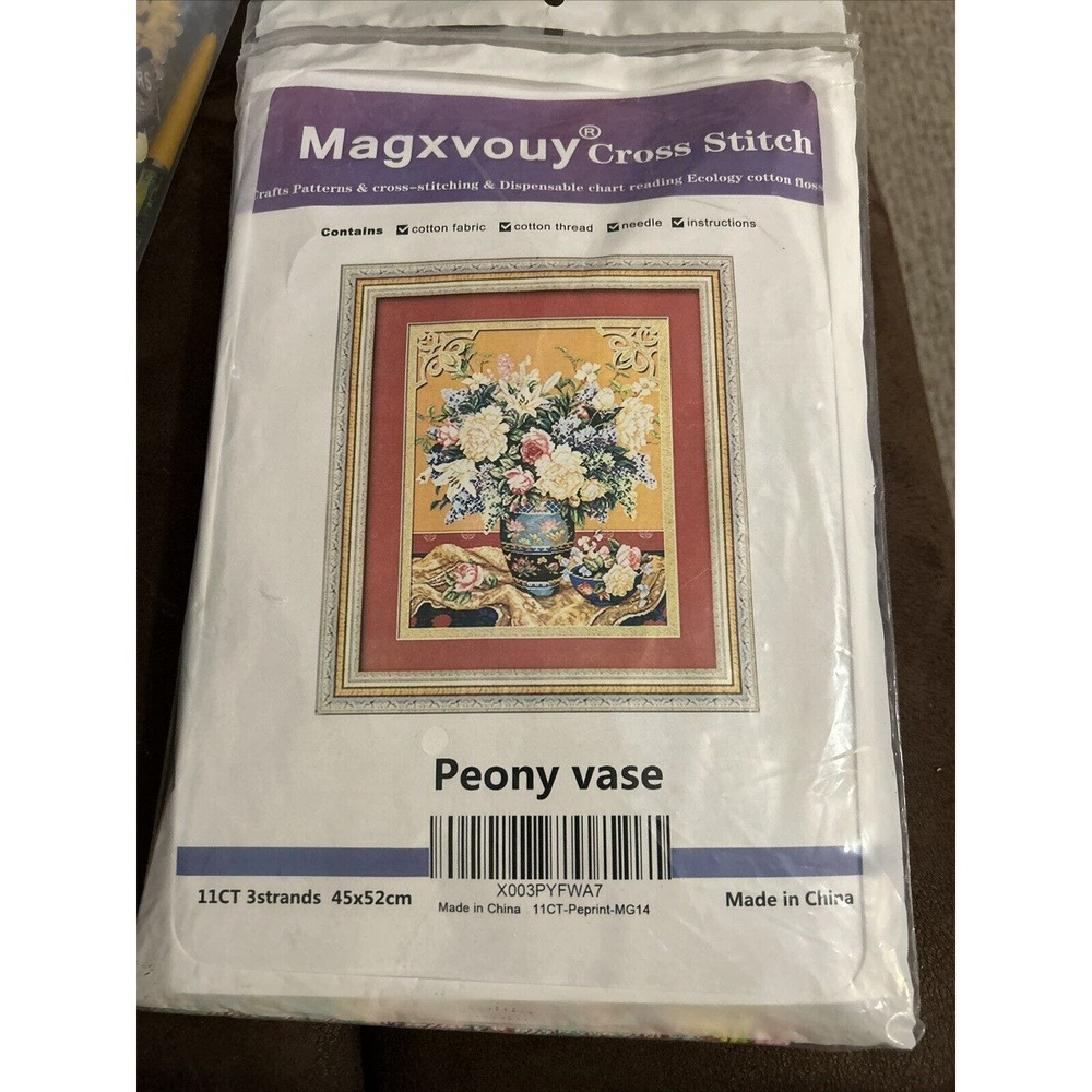 New Peony Vase Flowers Stamped Cross Stitch Kit Complete, Crafts Hand Crafts